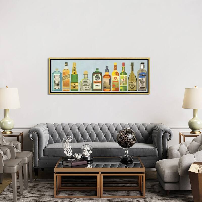 iCanvas "Liquor Bottles Pano" by 5by5collective Framed Canvas Print